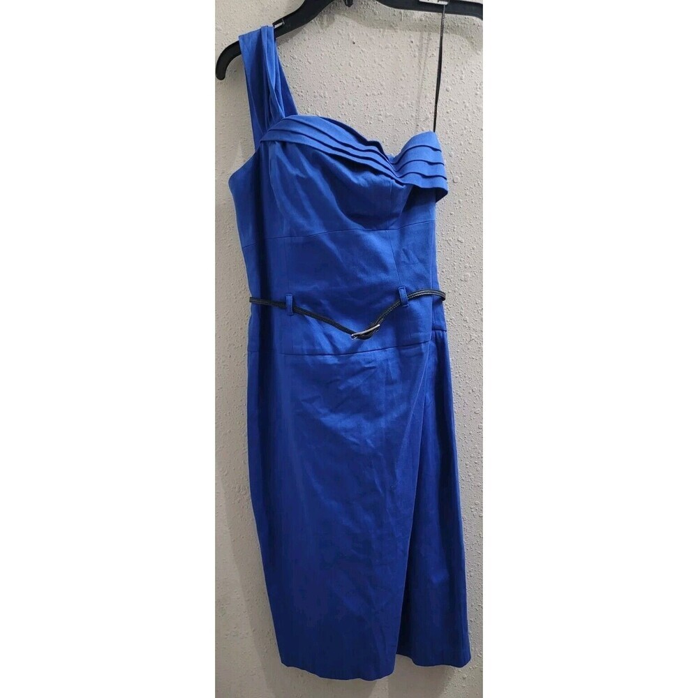 Black Halo Size Medium One Shoulder Mini Jackie O Belted Dress Navy Blue Classic